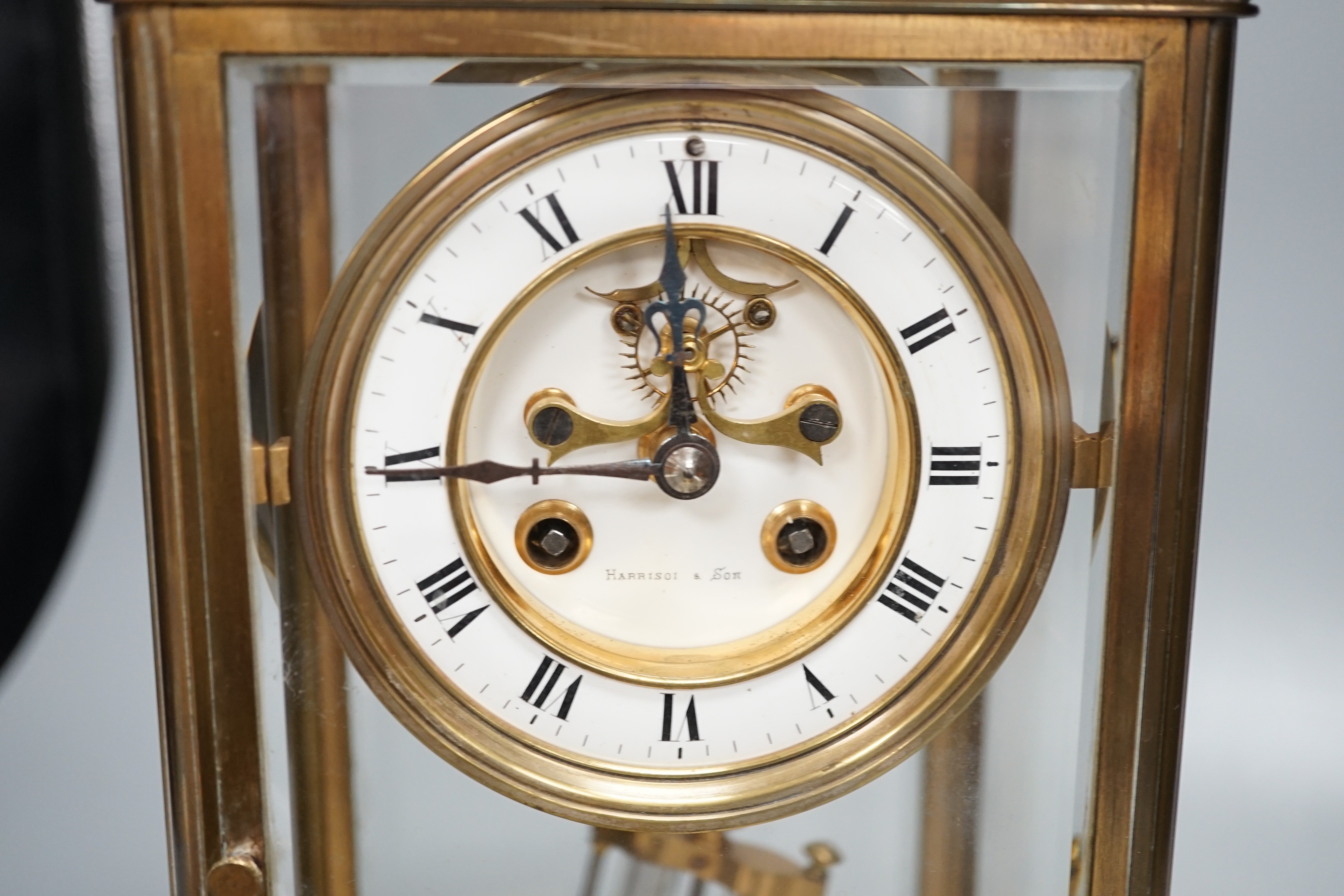 A late 19th century French four glass mantel clock with S.Marti movement, mercury pendulum & key. 30cm